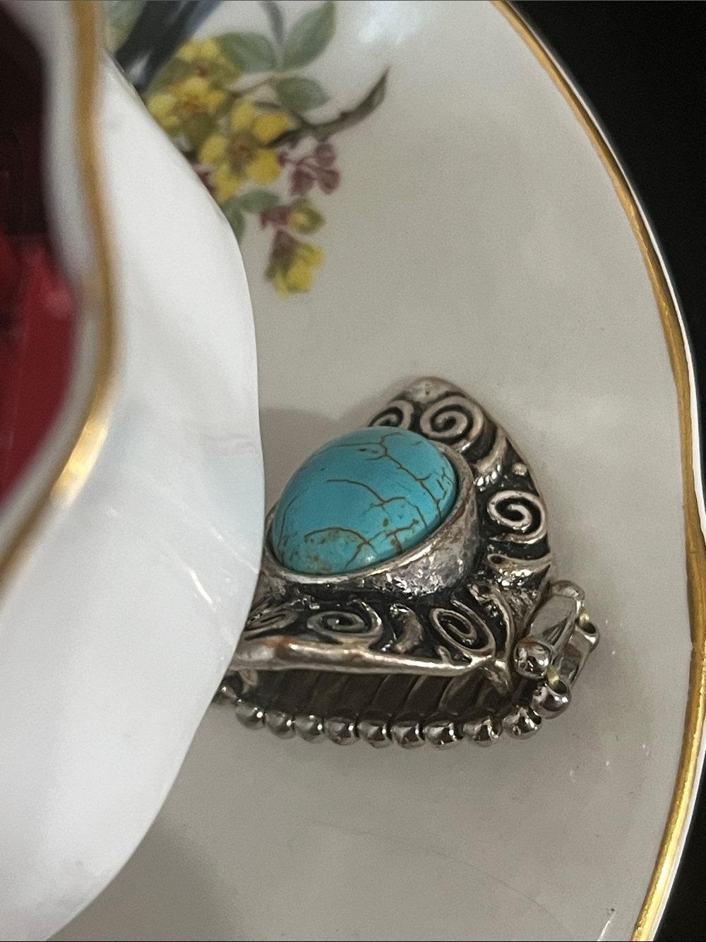 Cottagecore Artisan Bird’s Nest Pearl Necklace Teacup Turquoise Ring Set - Picture 6 of 10
